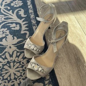 Silver Open Toe Heels with Bling